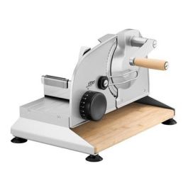 Ritter PIATTO-5 Cortafiambres Manual con Hoja Dentada de 17 cm y Tabla de Bambú FSC, Acabado Plateado Metálico