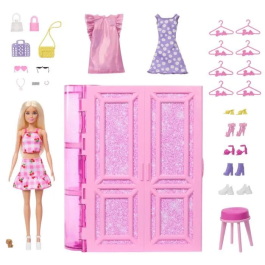 Barbie Conjunto Tocador de Ensueño HXD58 con Muñeca, 27 Accesorios y Armario Desplegable