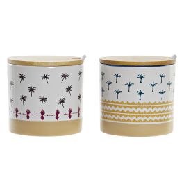 DKD Home Decor Azucarero Colonial de Gres y Bambú Multicolor Azul 9.5x9.5x9.5 cm (6 Unidades) Apto Microondas Lavavajillas