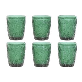DKD Home Decor Vaso de Cristal Verde de 300ml, Set de 6, Acabado Relieve Hojas, 8x10x8cm, Colección Tropical Garbo