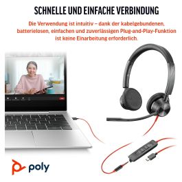 Poly Auriculares Blackwire 3325 Estéreo con Cableado USB-C y Conector de 3.5mm, Certificado para Equipos Microsoft y UC, Color Negro