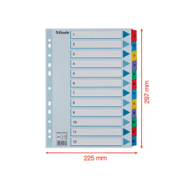 Esselte Separador Numérico 1-12 Cartulina Mylar Borra DIN A4 Multitaladro Multicolor Juego de 12