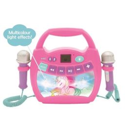 Lexibook Altavoz Bluetooth Karaoke Infantil Unicornio con 2 Micrófonos, Efectos de Luz RGB, Batería Recargable y Grabación