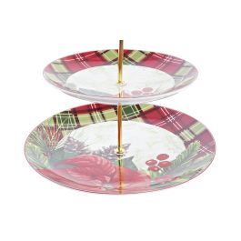 DKD Home Decor Frutero Navidad Tradicional Victoriano 21 de 3 Pisos, Porcelana y Metal, Rojo Verde con Flores, 27x35x27cm, Apto Lavavajillas Microondas