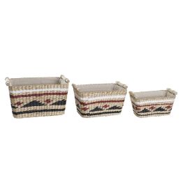 DKD Home Decor Cesta Colonial Natural Granate Set de 3 Piezas Fibra Poliéster 27x24x39 cm