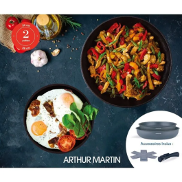 Arthur Martin AM2977 Juego de 2 Sartenes Antiadherentes Ø 24-28 cm con Mango Extraíble Apta Todo Tipo de Fuegos Gris Mate