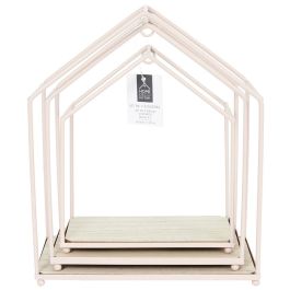 Home Deco Factory Juego de 3 Estantes Casa Rosa para Colgantes Rosa Metal y Madera 23x13x28 cm