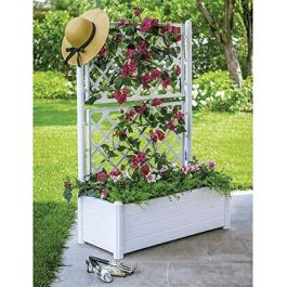 STEFANPLAST Caja de flores rectangular con enrejado - Acabado en madera - 100 x 43 x H 142 cm - 80 L - Blanco