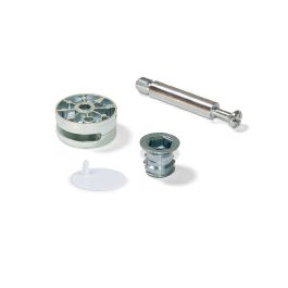 Emuca Lote de 10 excéntricas diámetro 35mm con perno y tuerca M8 con tapa de plástico blanco, para tablero 20mm, Zamak y Acero