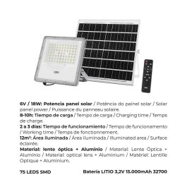 Edm Foco Proyector LED Solar 200W 1500 lm Luz Fría IP65 Control Remoto Incluido