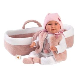Llorens Muñeca recién nacida llorona Mimi con capazo rosa tacto suave 40 cm cuerpo tela