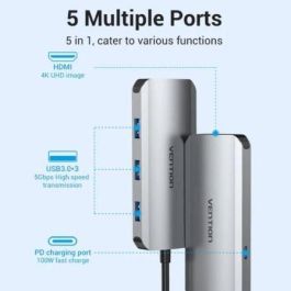 Vention TODHB Docking Station Hub USB-C para Portátil, 1xHDMI 4K, 3xUSB 3.0 (5Gbps), 1xUSB-C Power Delivery 100W, Gris Vention TODHB Docking Station Hub USB-C para Portátil, 1xHDMI 4K, 3xUSB 3.0 (5Gbps), 1xUSB-C Power Delivery 100W, Gris