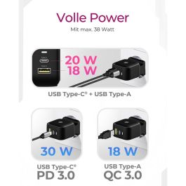 ICY BOX Charger 38W 2-Port USB-A 18W/USB-C 30W Negro