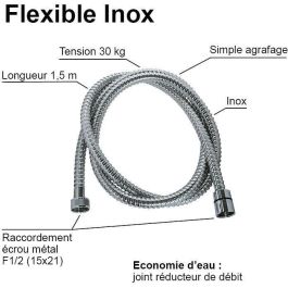 Edouard Rousseau ROU3047404026103 Manguera de Ducha 1,50m, Tuercas Metálicas, Engarces de Seguridad, Acero Inoxidable Cromado