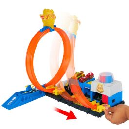 Hot Wheels Jbm71 Pista Súper Estación de Policía City con Looping Regulable, 4 Carriles para Carreras y Coche Metálico 1:64