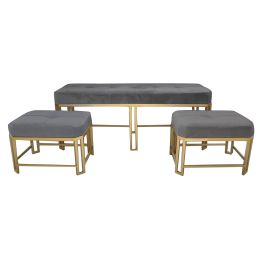 DKD Home Decor Descalzadora Glam Set de 3 Gris Velvet Metal 120x40x47 cm Altura Asiento 47 cm