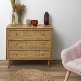 Home Deco Factory Cómoda Natural 3 Cajones Madera Ratán 90x39x79 cm