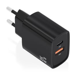 Aisens A110-0953 Cargador de Pared GaN 30W con 1xUSB Tipo-C PD3.0 QC4.0 y 1xUSB-A QC3.0 Negro