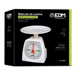 EDM Báscula Analógica de Cocina 4 kg, División 20 g, Plato Ø16.5 cm, Color Blanco, Modelo Cocina