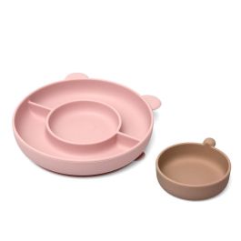 Kiokids Plato de Silicona con 3 Compartimentos, Ventosa y Diseño de Oso Rosa para Bebés +6 Meses, Baby Led Weaning, Apto Lavavajillas y Microondas