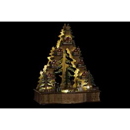 DKD Home Decor Casa de Navidad Alpina de Madera con Luz LED y Diseño de Árboles y Casas Natural Verde 15x37x30 cm, Funciona con 3 Pilas AAA