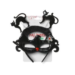 Diadema Diabla con Gatos Negros y Máscara de Murciélago para Halloween y Fiestas - Corazón Rojo y Araña Brillante