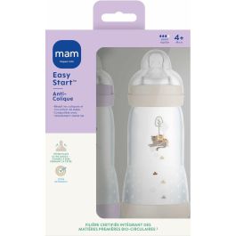 MAM Set de 2 Biberones Easy Start Anticólico 320 ml Tetina Flow 3 Lila + Arena