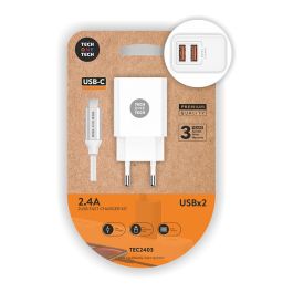 Tech One Tech Cargador doble blanco con cable USB-C nylon 2.4A 12W 5V, carga rápida y smart recognition