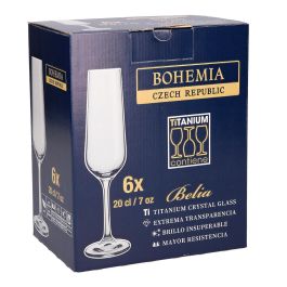 Bohemia Copas Flauta Belia Cristalín de Vidrio Transparente | Set 6 Copas x 20 cL | Con Borde Fino y Apto Lavavajillas