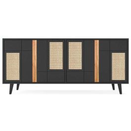DKD Home Decor Buffet Negro y Natural de Madera de Mango y Ratán con Patas de Metal, 4 Puertas, 2 Estanterías, 160x40x90 cm Precio: 834.49999941. SKU: S3033701