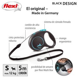 Flexi Correa Retráctil para Perro Black Design S de Cordón, 5 Metros Azul con Carcasa Negra