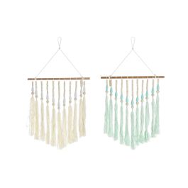 DKD Home Decor Colgante Decorativo Boho Crema y Verde Menta, Madera y Algodón, 62x35cm, Set de 4 Unidades Surtidas