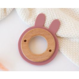 KioKids Mordedor para Bebés +3 Meses, Madera Haya y Silicona Rosa Conejito, Juguete que Alivia la Dentición y Estimula Sentidos