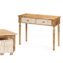 Mesa de Recibidor con 2 Cajones, Curvas, Natural y Blanco - Giftdecor, 98x77x42 cm