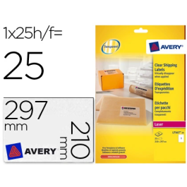 Avery Etiquetas Adhesivas Transparentes 210x297 mm Poliéster Resistente Caja 25 Unidades Precio: 41.50000041. SKU: B1G4G7KJZ6