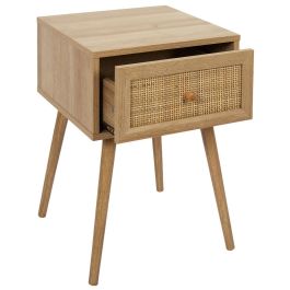 Home Deco Factory Mesita de Noche con Cajón Bali Colección Natural Madera y Ratán 39x39x55.4 cm