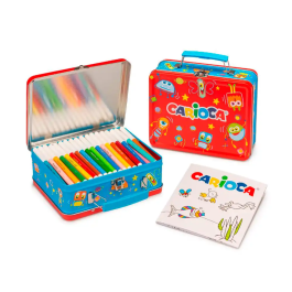 Carioca Kit Caja Metálica Rotuladores 100 Unidades Surtidas con Punta Fina y Maxipunta + Álbum para Colorear