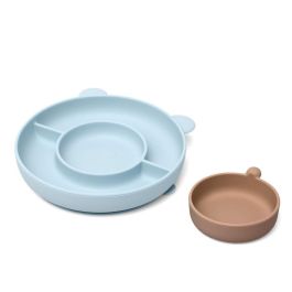 KioKids Plato de Silicona con 3 Compartimentos y Ventosa, Diseño Oso Azul para Bebés +6 Meses, Baby Led Weaning (BLW), Apto para Microondas y Lavavajillas