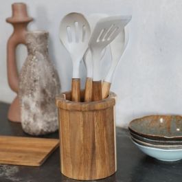 LIVOO MES153G - Juego de 4 Utensilios de Cocina con Olla - Acacia FSC y Silicona - Olla 15x12cm, Utensilios 31cm