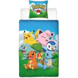 Pokemon AABFA32030 - Juego de Cama Pikachu y sus Amigos - Azul Microfibra - Funda Nórdica 140x200 cm + Almohada 63x63 cm