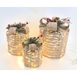 DKD Home Decor Adorno Navideño Alpina LED de Ratán y PE Natural Multicolor, 25x25x30 cm, Set de 3 Piezas (Pack de 2)