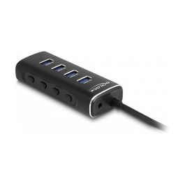 DeLOCK Concentrador USB 4 Puertos USB 3.2 Gen 1 a 10 Gbps con Tipo-C, Cable 60 cm, Interruptor por Puerto, Metal Negro