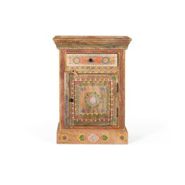 GINER Y COLOMER Mesita de Noche de Madera de Mango con Cajón y Puerta, Pintada a Mano, Multicolor