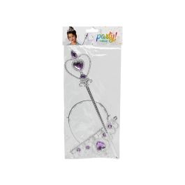Tiara Plateada Con Corazones Y Varita Morada Para Princesa Infantil