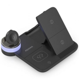 Aisens ASCH-15W4WC062-BK – Cargador inalámbrico USB-C 4 en 1 de 15W para móvil, Apple Watch y auriculares – Negro