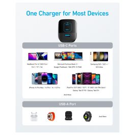 Anker 336 Charger 67W, 1 x USB-A, 2 x USB-C, Negro, Cargador Rápido GaN, Power Delivery