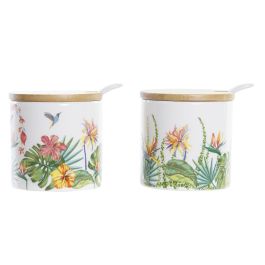 DKD Home Decor Azucarero Tropical de Dolomite y Bambú Multicolor 7.5 cm (4 Unidades) Apto Microondas y Lavavajillas