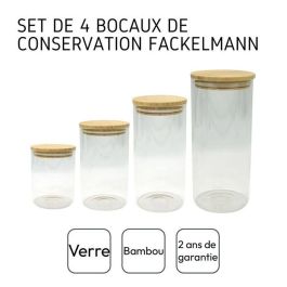 Fackelmann FAC3176239998030 - Juego de 4 recipientes de vidrio para almacenar alimentos, tapa de bambú, Natural