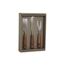 DKD Home Decor Cuchillo para Queso Plateado Natural Inox/Acacia, Set de 3 Piezas, 1.5 x 18.5 x 2.75 cm