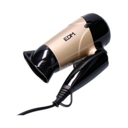 Edm Secador de Pelo de Viaje Bi-Tensión 1000-1200W, 2 Velocidades, Mango Plegable, Dorado/Negro